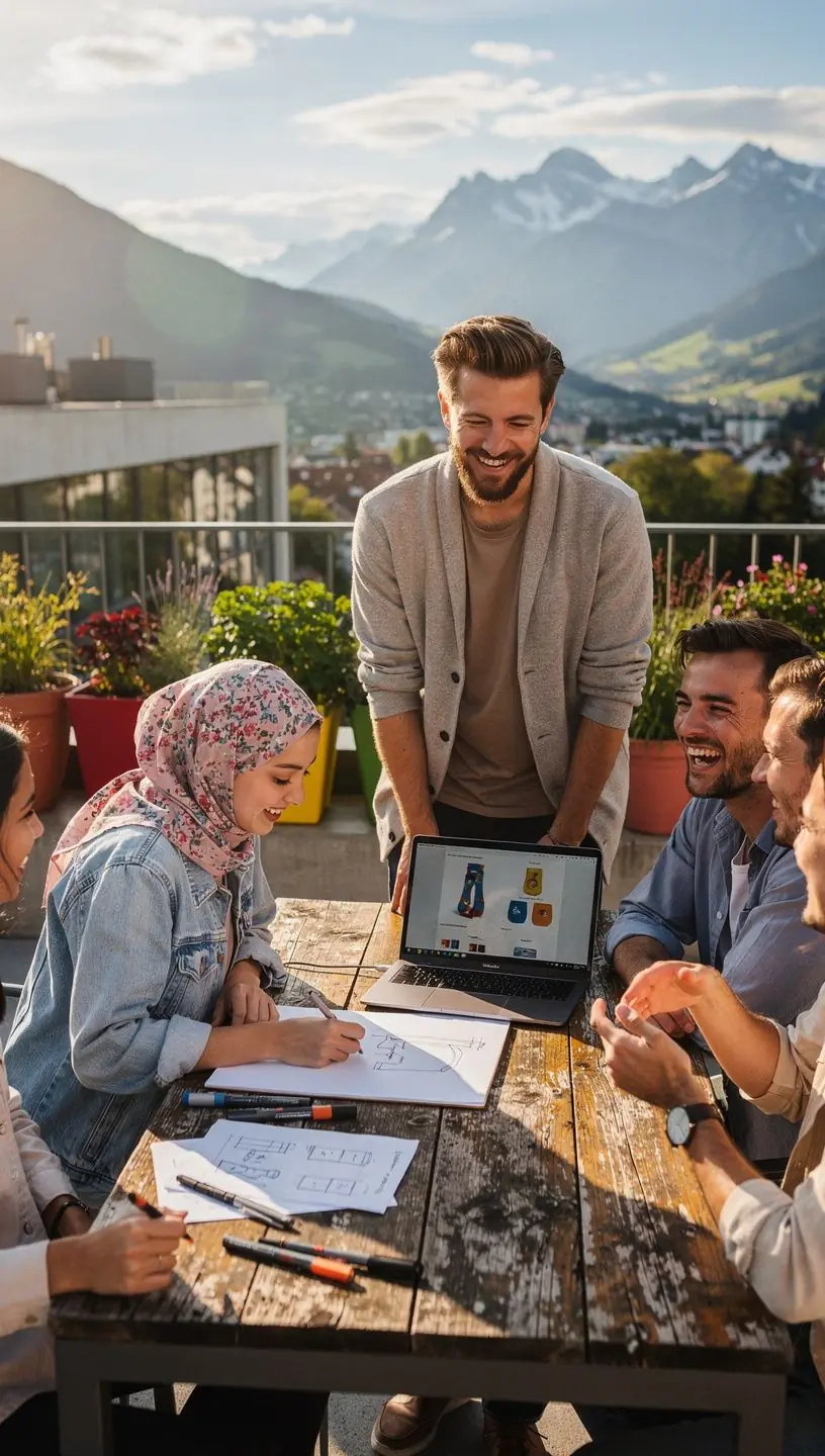 Ein klassisches Bürointerieur mit funktionalen Möbeln und kreativen Gestaltungselementen.