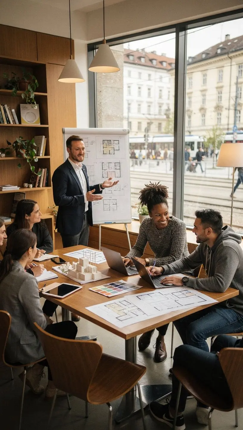 Ein Klassenzimmer, in dem Studenten an einem Raumplanungsprojekt arbeiten.