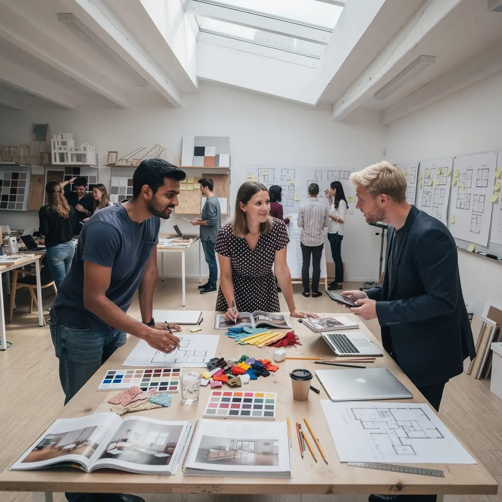 Ein Klassenzimmer, in dem Studenten an einem Raumplanungsprojekt arbeiten.