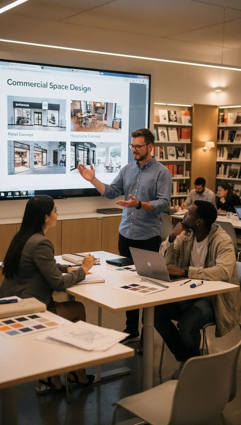 Ein Klassenzimmer, in dem Studenten an einem Raumplanungsprojekt arbeiten.