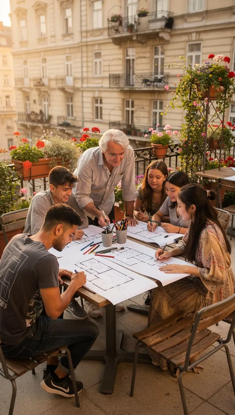 Ein Klassenzimmer, in dem Studenten an einem Raumplanungsprojekt arbeiten.